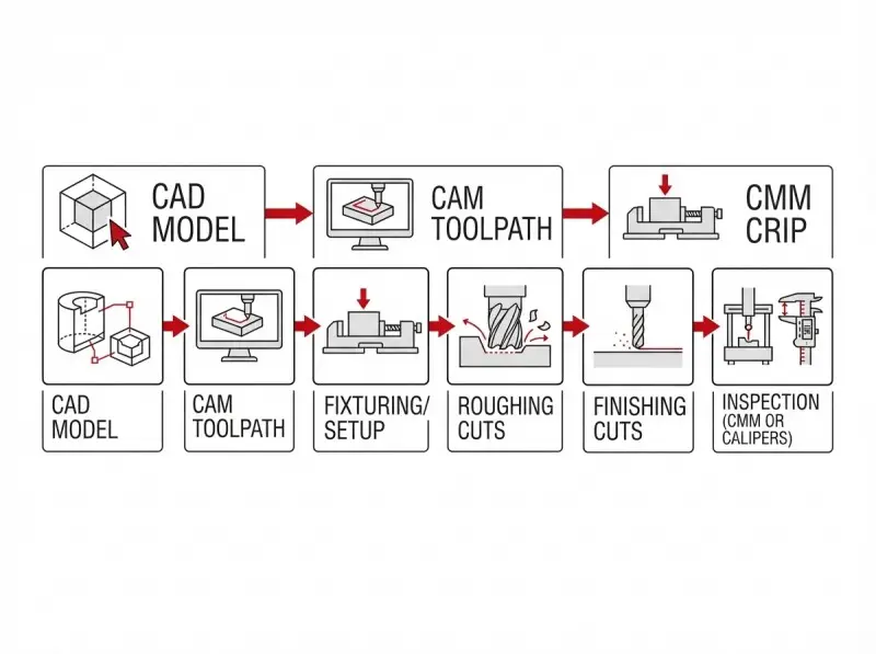 Étapes d'usinage CNC, de la conception assistée par ordinateur à la découpe et au contrôle.