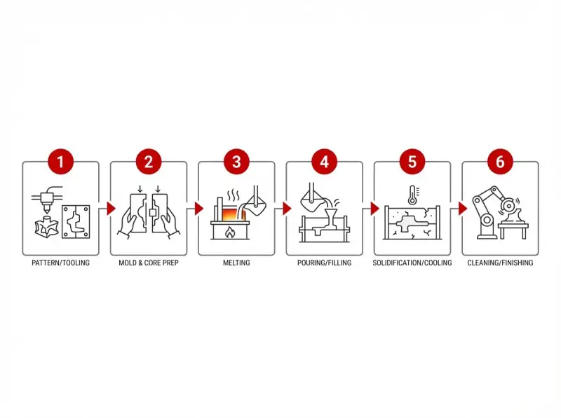 Diagramme étape par étape du processus de moulage, de la préparation du moule à la finition