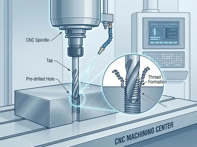 CNC machine performing the tapping process, with a tap cutting internal threads inside a pre-drilled hole in a workpiece.