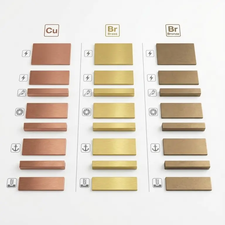 Beispielhafter Kit-Überblick über gängige Kupfer-, Messing- und Bronzelegierungen, die in der kundenspezifischen Fertigung verwendet werden.