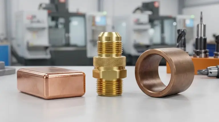 Koperen stroomrail, messing draaifitting en bronzen bus op een CNC-werkbank.