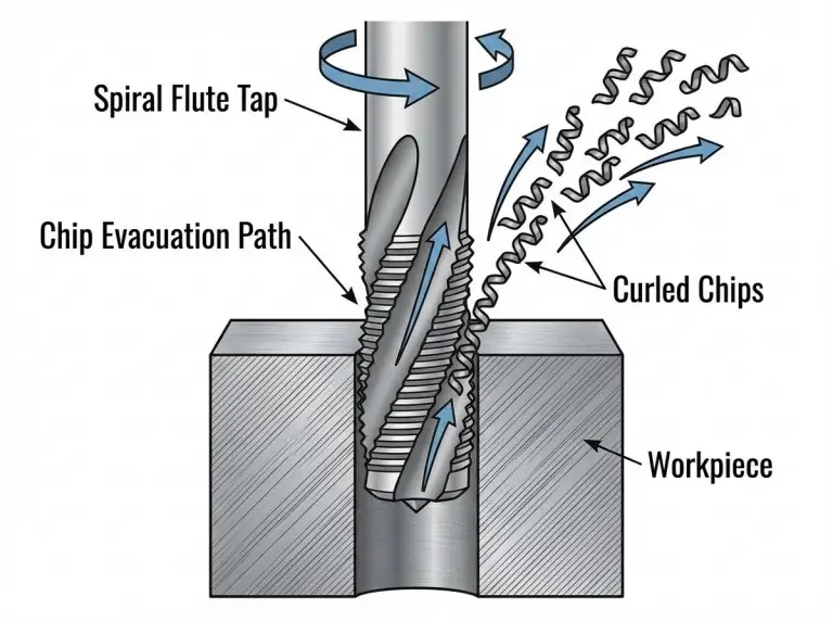 During the tapping process, cutting fluid is applied to the tap and the workpiece.