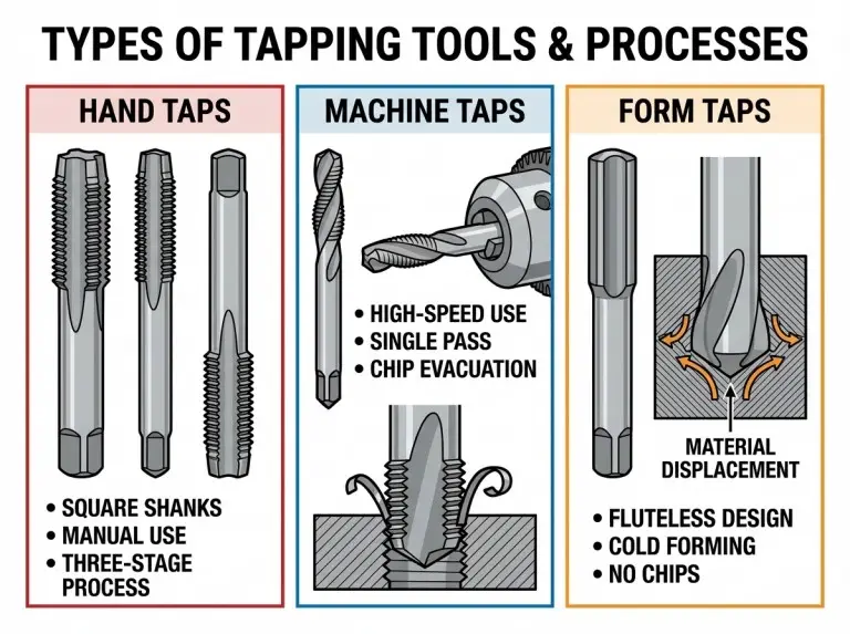 Various types of tapping tools, including hand taps, machine taps, and form taps