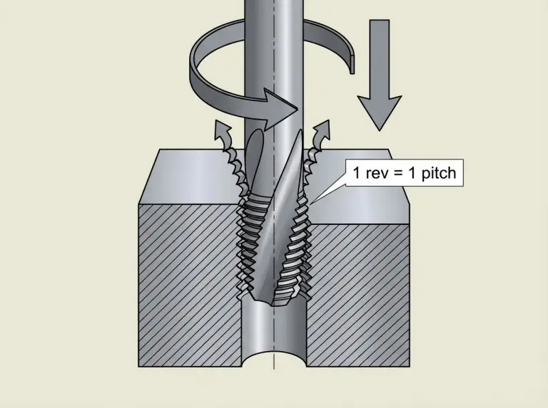 Cutaway diagram of tapping showing a tap cutting internal threads with synchronized rotation and feed in a pre-drilled hole