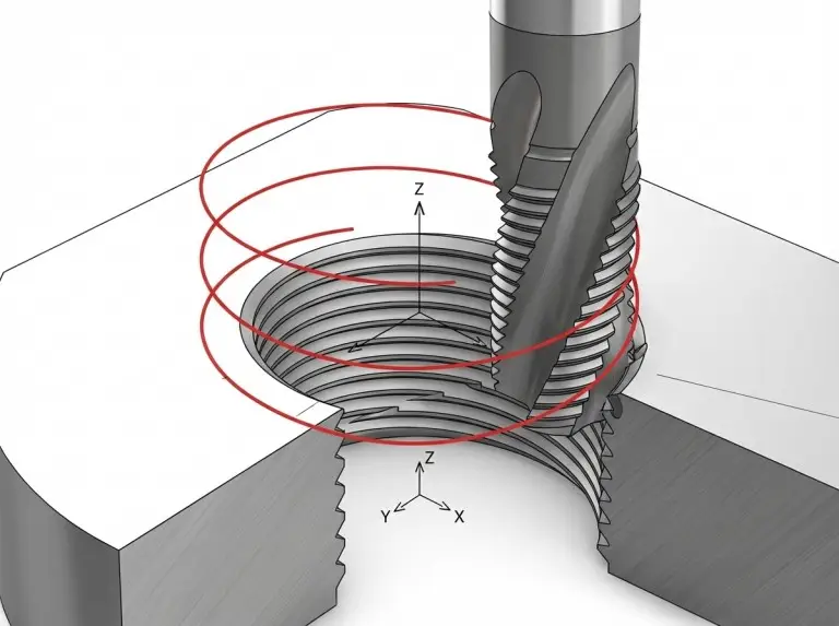 Cutaway diagram of thread milling showing a thread mill cutting an internal thread with a helical toolpath inside a pre-drilled hole