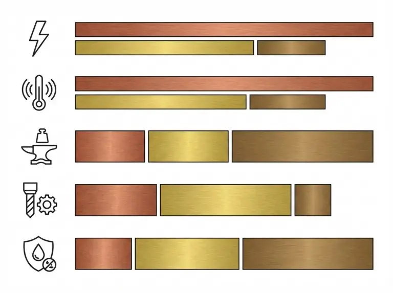 Vergleichsgrafik der Leitfähigkeit, Festigkeit, Bearbeitbarkeit, Verschleiß- und Korrosionsbeständigkeit nach Metallfamilien
