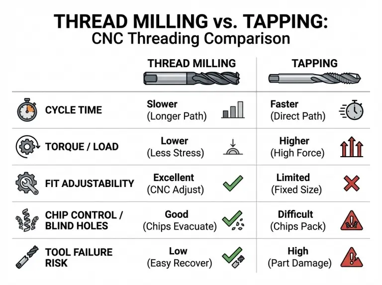 Two-column infographic comparing thread milling and tapping by cycle time, spindle load, fit adjustability, chip control, and tool failure risk