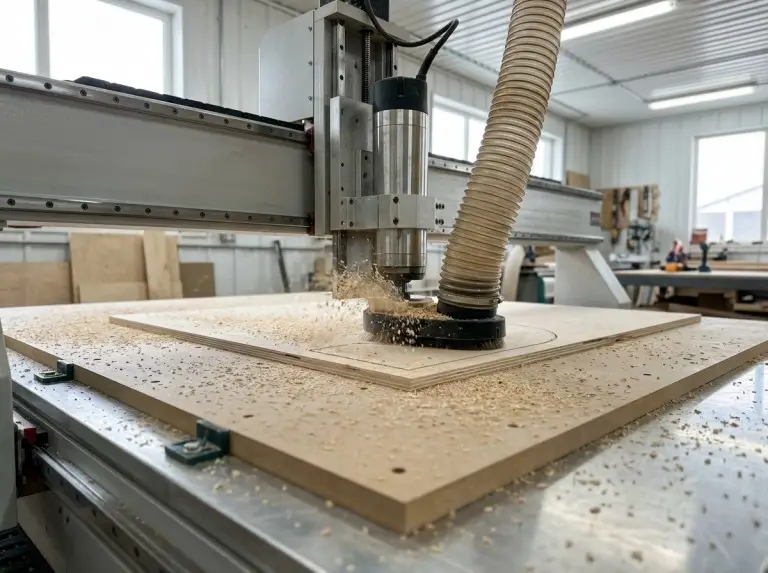 Fresadora CNC cortando madera contrachapada en una mesa de vacío
